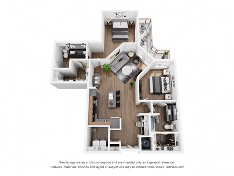 a stylized floor plan with a bedroom and living room